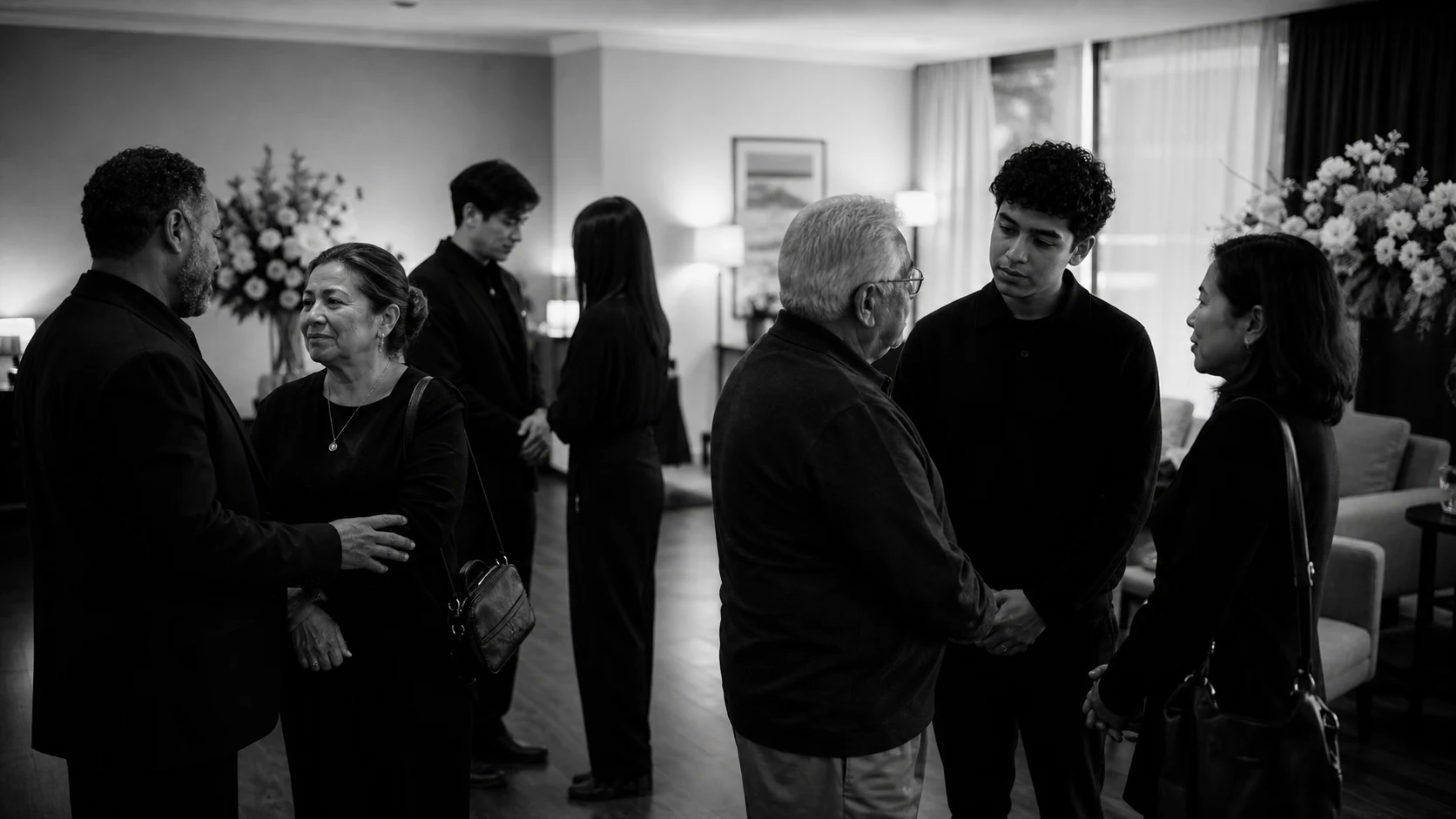 Mourners of different ages and ethnicities talk quietly in small groups in a funeral home visitation room, flowers in the background