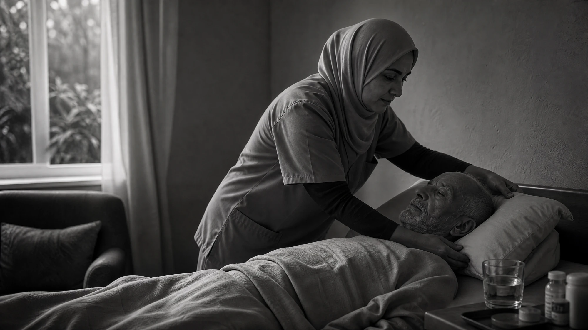 A hospice nurse adjusting the pillow of an older man resting in bed, in black and white