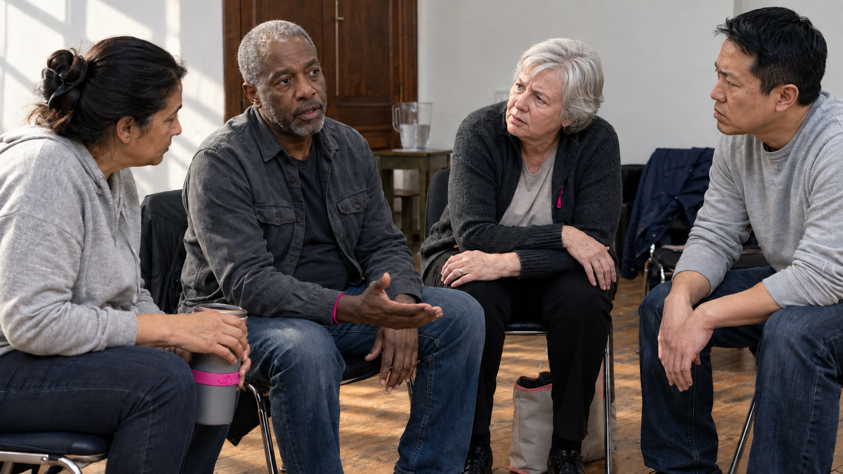 Four people in a support group circle, two women and two men, one man speaking while the others listen