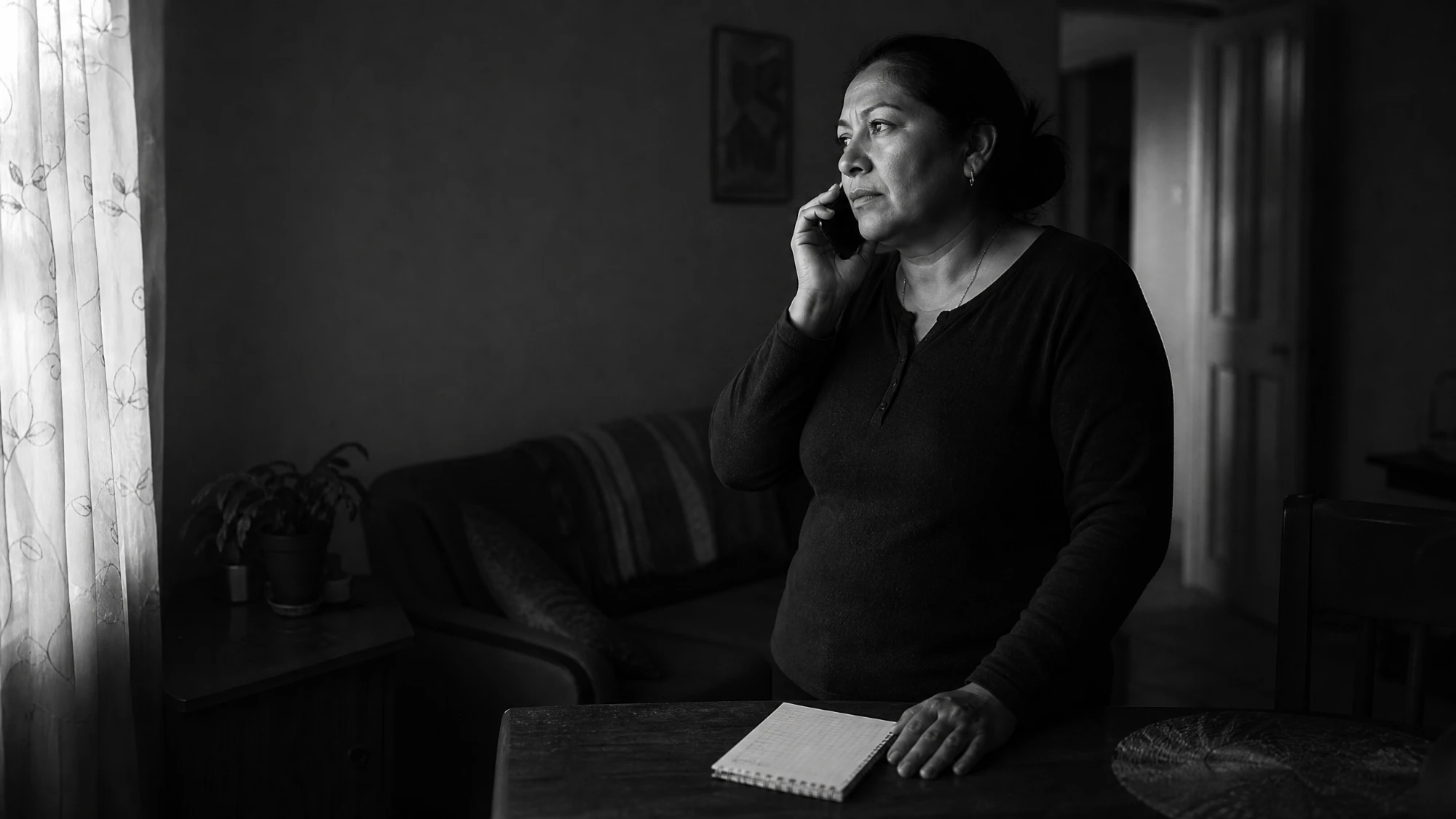 A woman making a phone call in a dim living room at dawn, in black and white