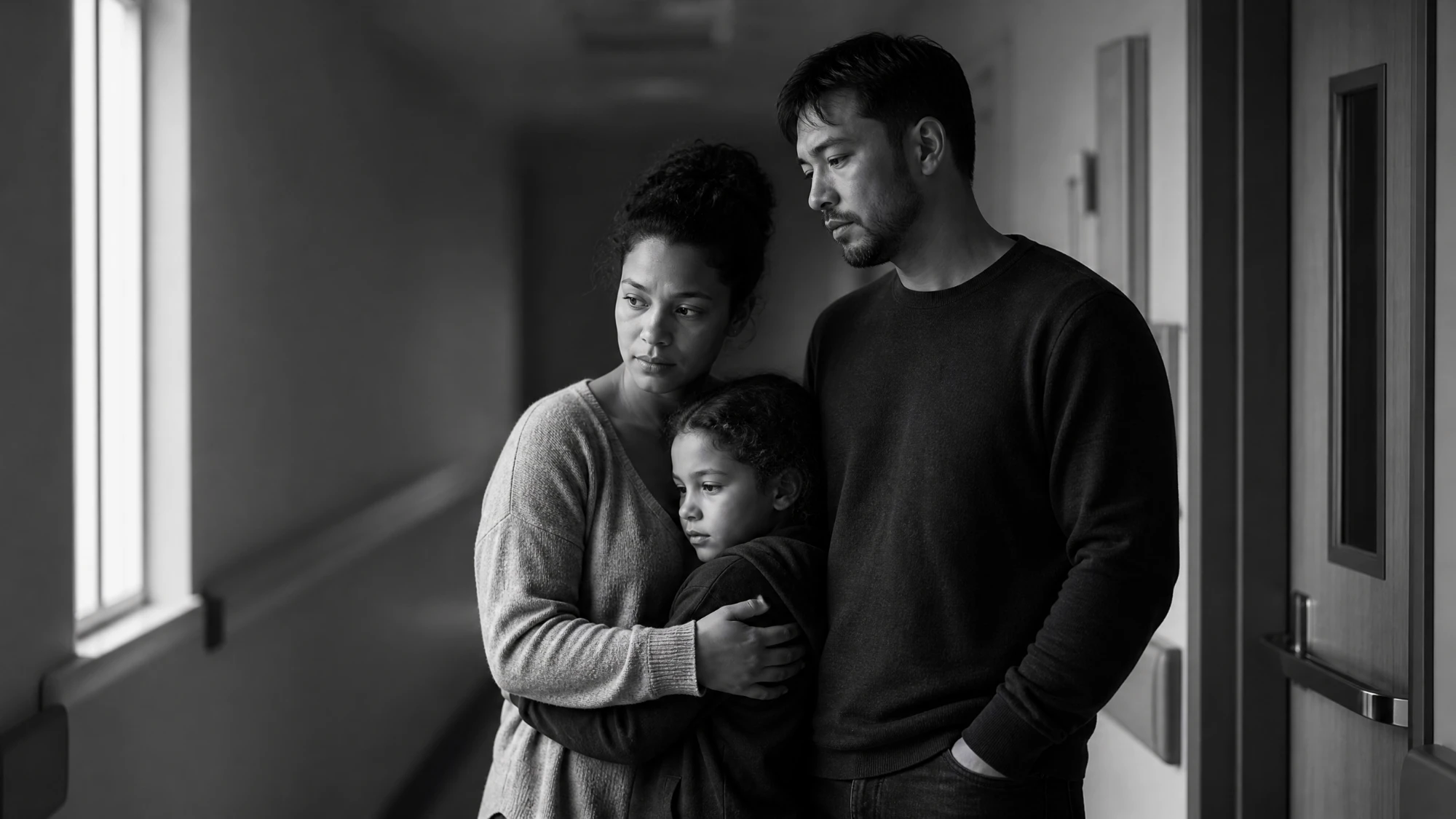 A family standing together, subdued, in a quiet hospital corridor, in black and white