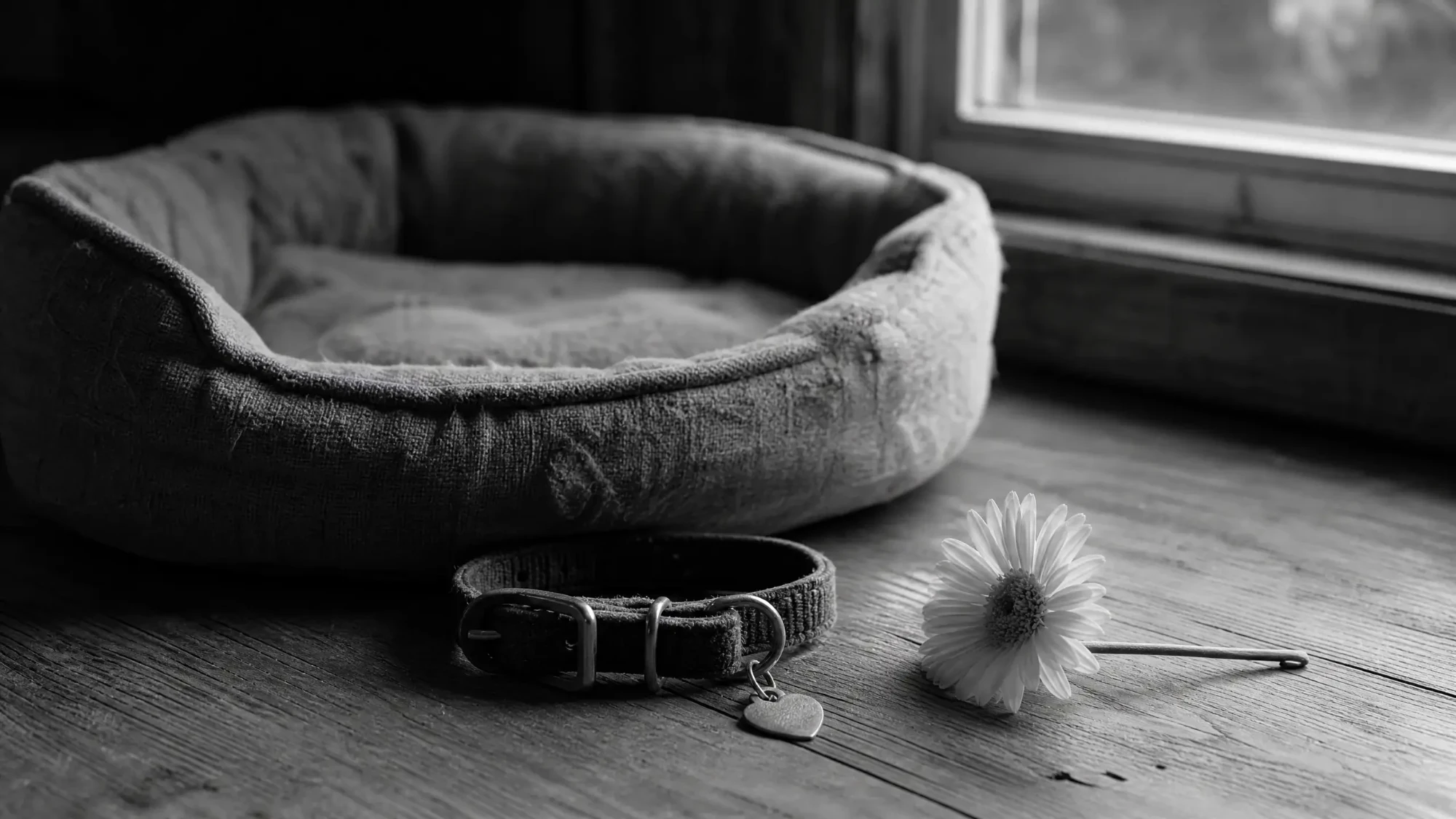 An empty pet bed, a collar with a heart tag, and a single flower on a wooden floor, in black and white