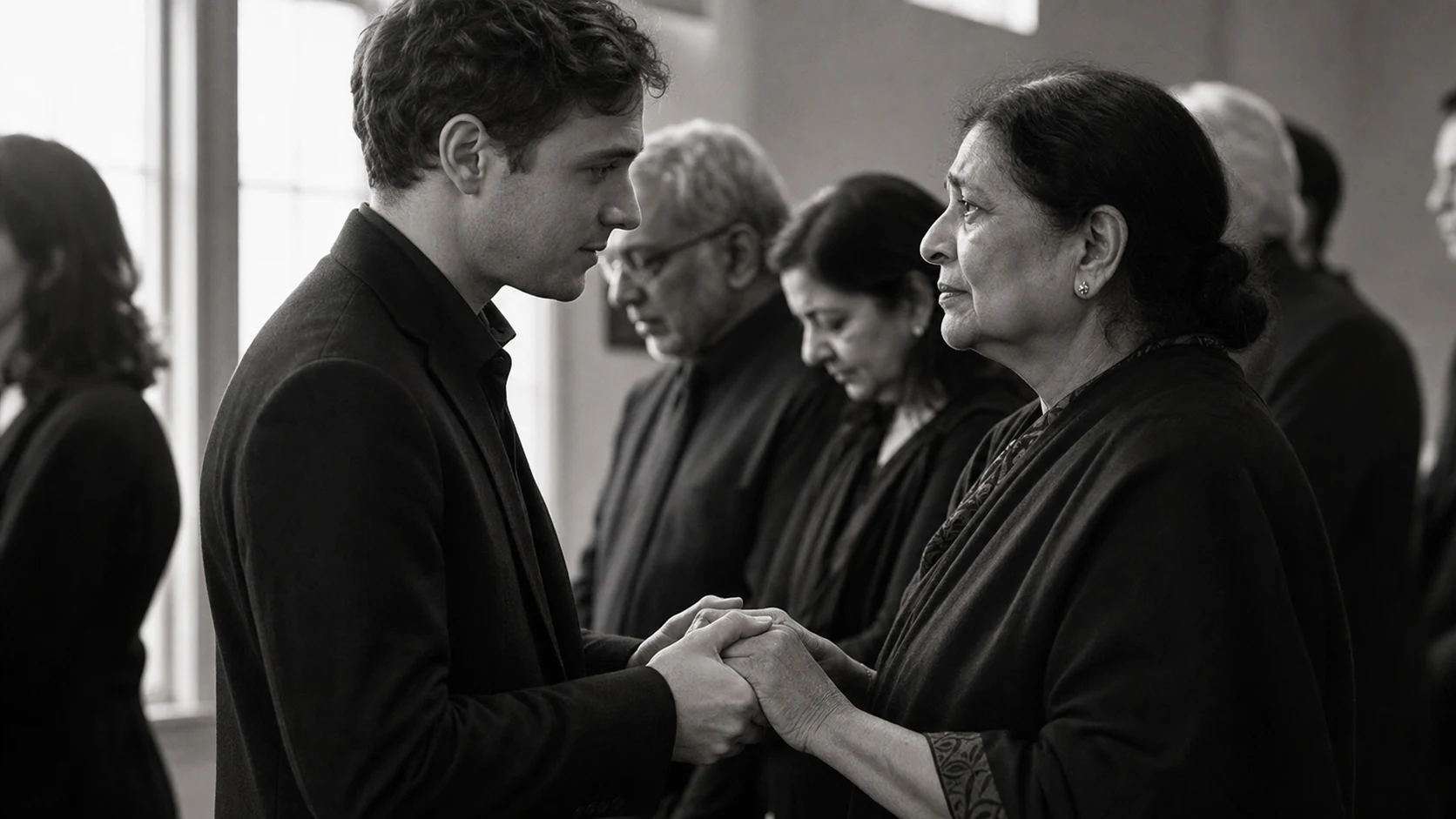 A young white man clasps an older Indian woman's hands in a condolence line at a funeral