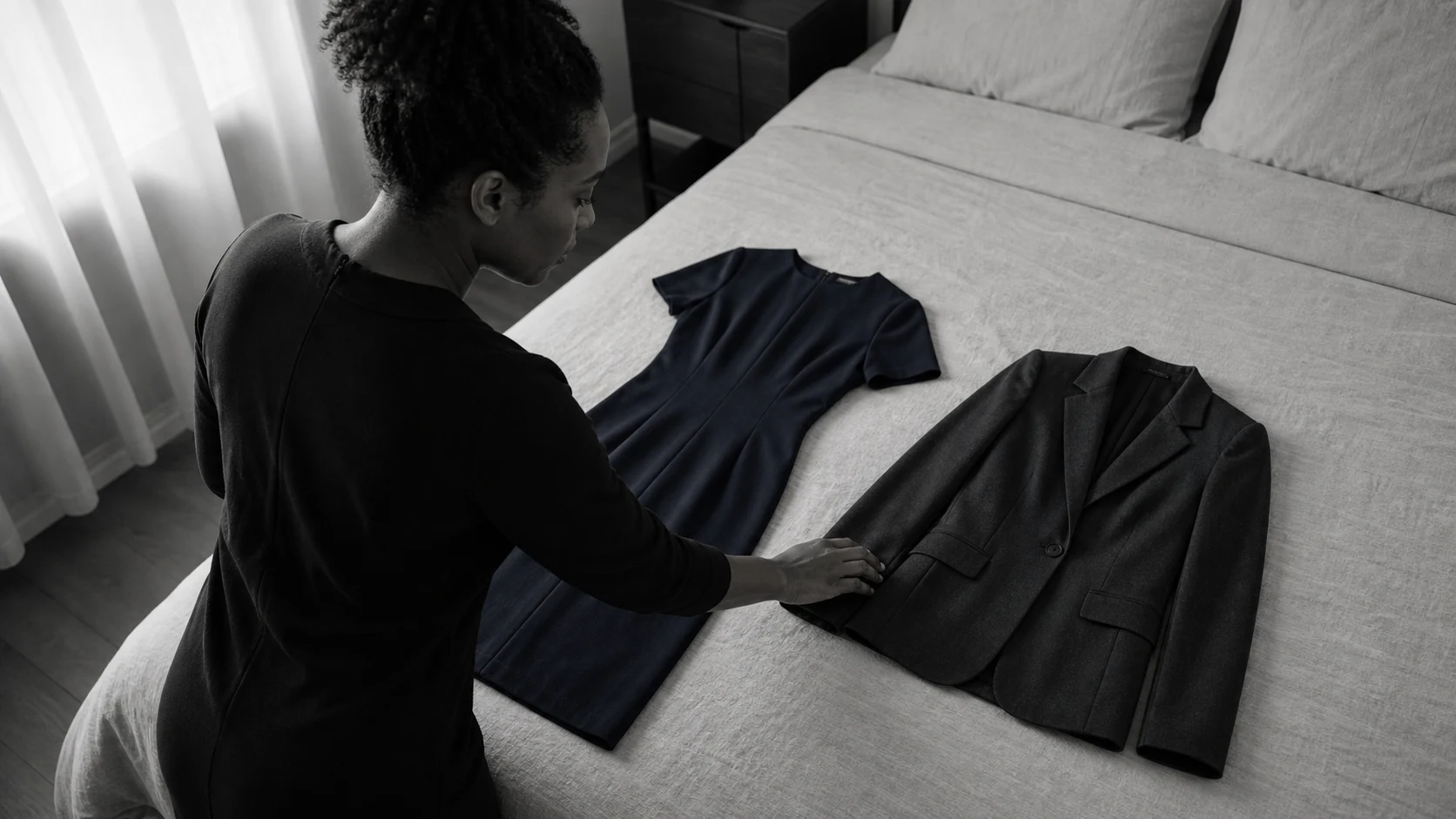A Black woman lays a dark navy dress and a charcoal blazer side by side on a bed