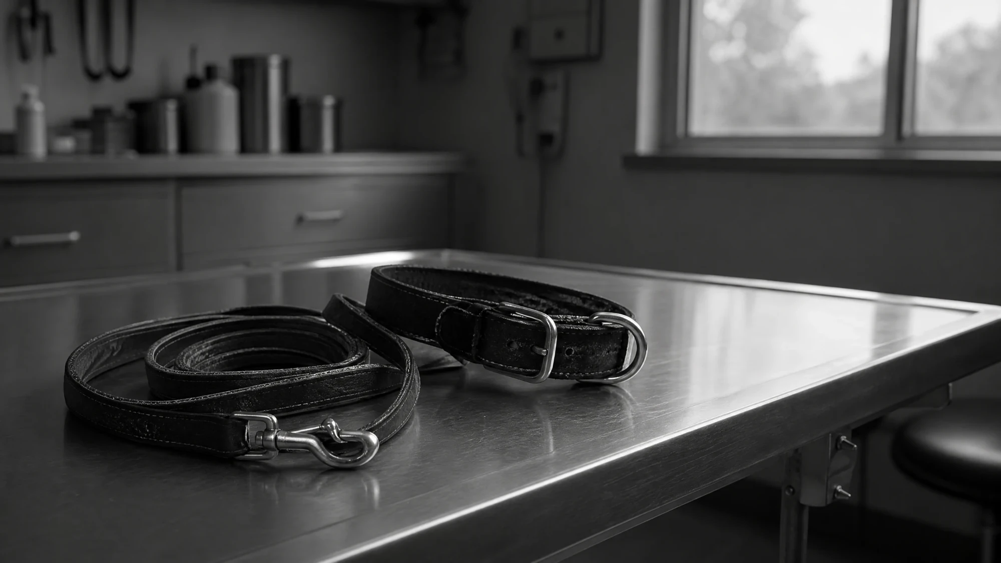 A leash and collar resting on a veterinary exam table, in black and white