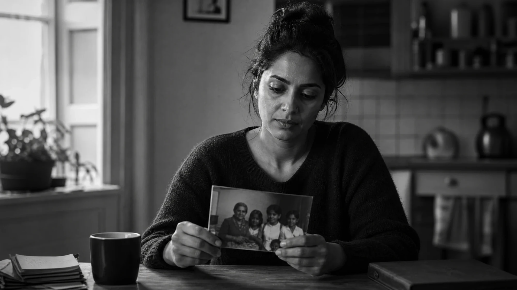 A woman at a kitchen table holding an old family photograph, in black and white