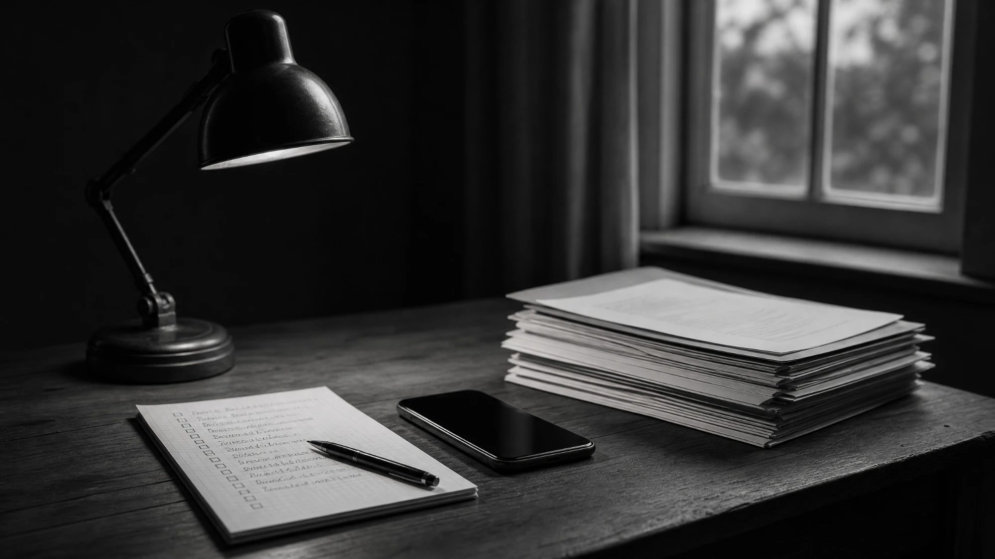 A handwritten checklist, a phone, and paperwork laid out on a table, in black and white