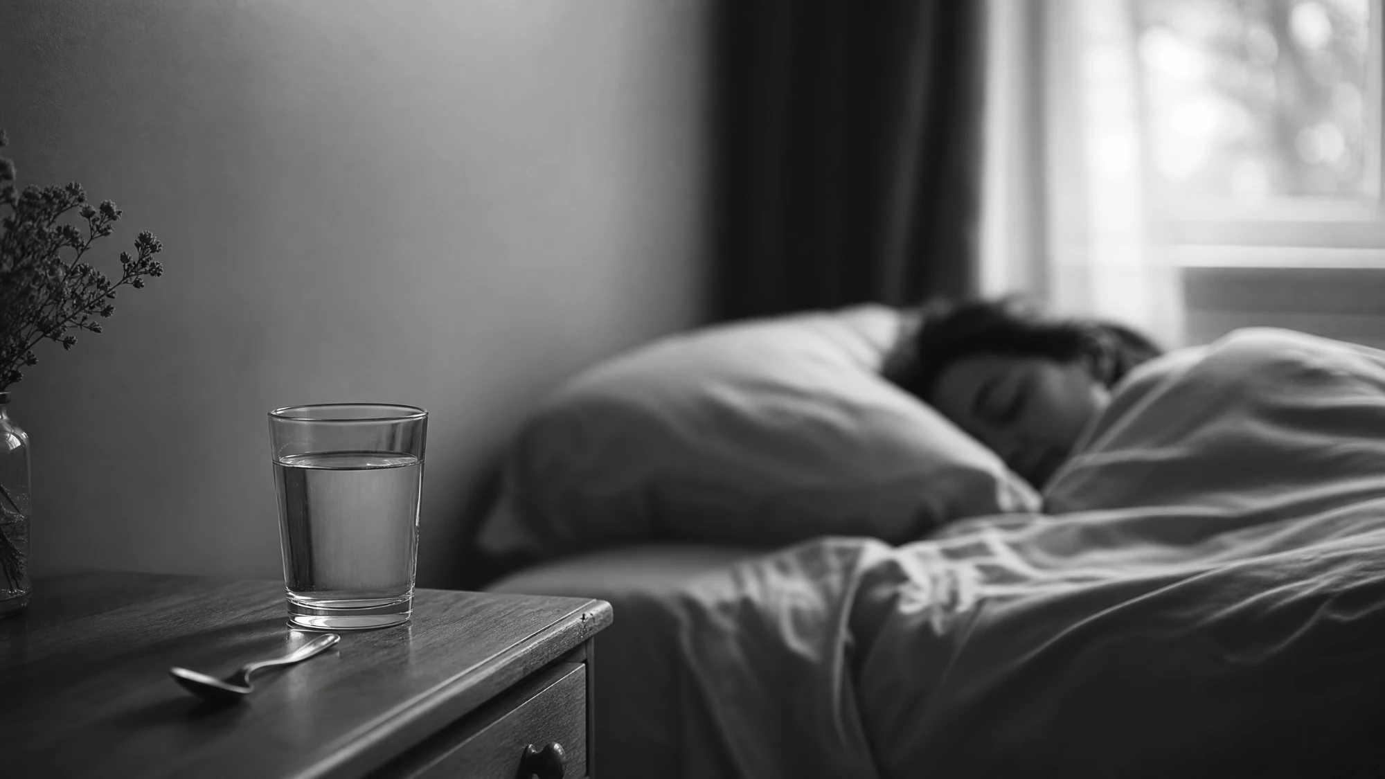 An untouched glass of water on a bedside table beside a sleeping patient, in black and white